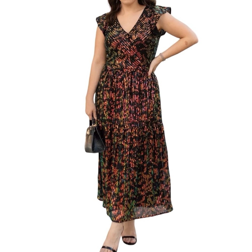 NWT LOFT Stunning Multicolor Allover Sequin Flutter Sleeve Tiered Midi Dress